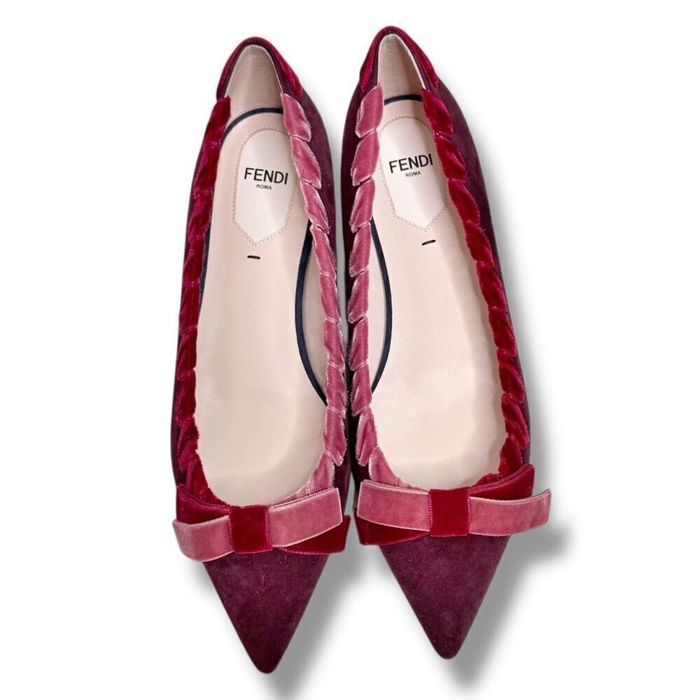 Fendi Burgundy Suede Velvet Ribbon Stitch Bow Pointed Toe Ballet Flats Size 38 - Picture 3 of 11